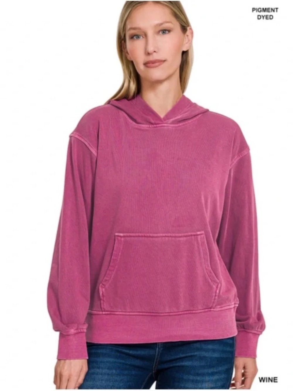 New Zenana Soft Fleece Pigment Dyed Kangaroo Pocket Pink Hoodie Women’s Small - Picture 2 of 3